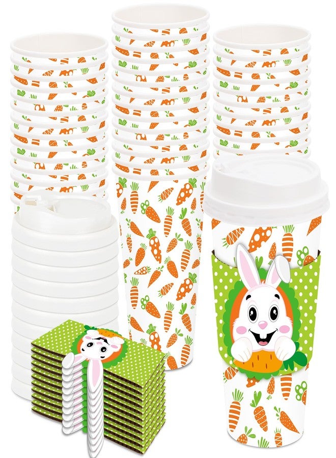 Whaline 50 Pack Bunny Carrot Disposable Coffee Cups with Lids and Sleeves Spring Cute Rabbit Paper Drinking Cups Green White Paper Cup for Easter Spring Party Supplies - Image 1